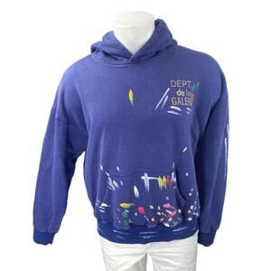 Gallery Dept Men's Blue Paint Graphic Logo Hoodie Hooded Sweatshirt Top Size L